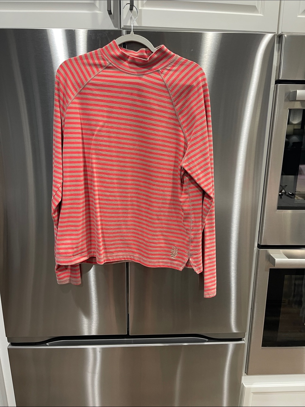 FP Movement by Free People Coral and khaki Stripe Mock Neck Long Sleeve Top